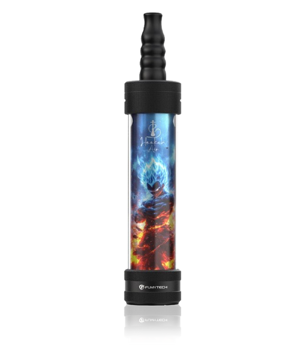 Portable shisha pipe with black mouthpiece, anime blue flame warrior design, and Fumitech branding.