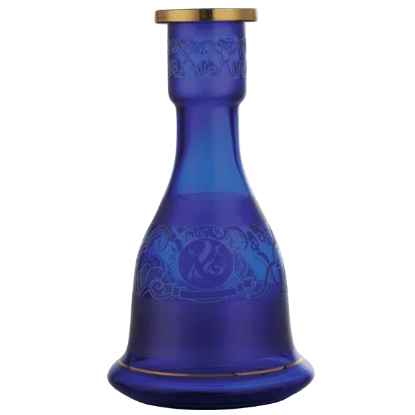 Blue hookah base with gold rim and decorative etched pattern on glass