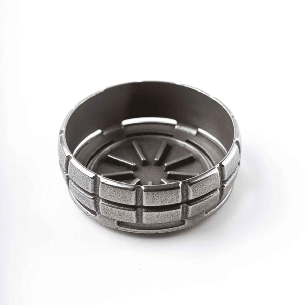 Metal hookah heat management device with grenade-style design on white background