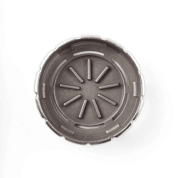 Top view of a metallic hookah heat management device lid on a white background
