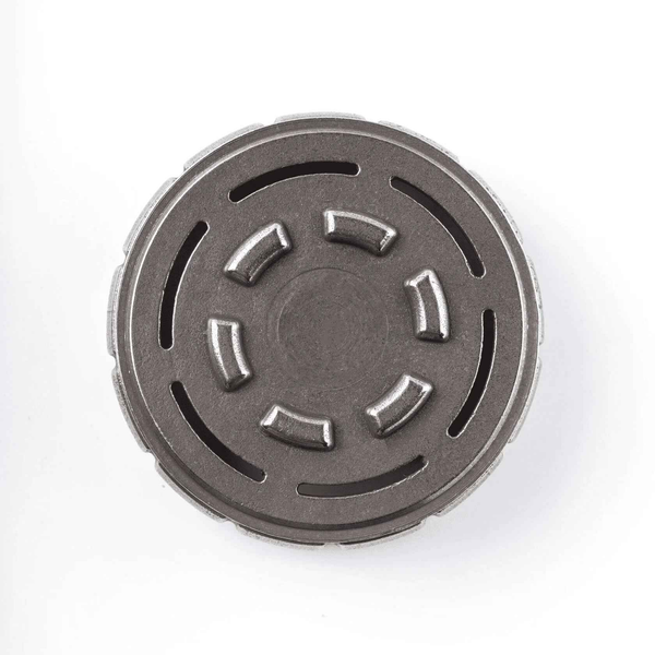 Top view of a heat management device for hookah coal, metallic with vented design.