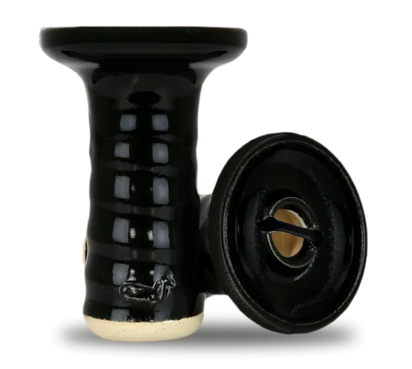 Black ceramic hookah bowl with glossy finish, shown upright and on its side