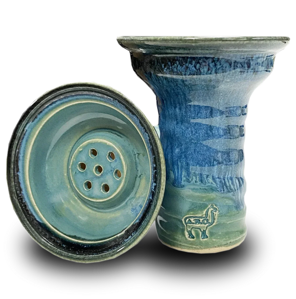 Ceramic shisha bowl with blue-green glaze and alpaca engraving, top and side view