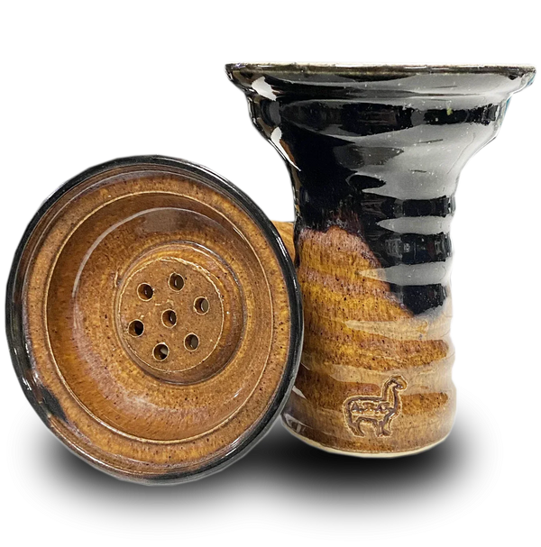 Ceramic hookah bowl with brown and black glaze, multiple holes, and engraved animal design