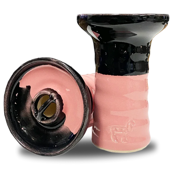 Pink and black ceramic hookah bowl with a central spire and embossed alpaca design