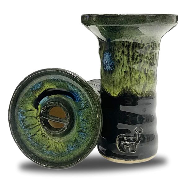 Ceramic hookah bowl with green and black glaze, alpaca design, top and side view