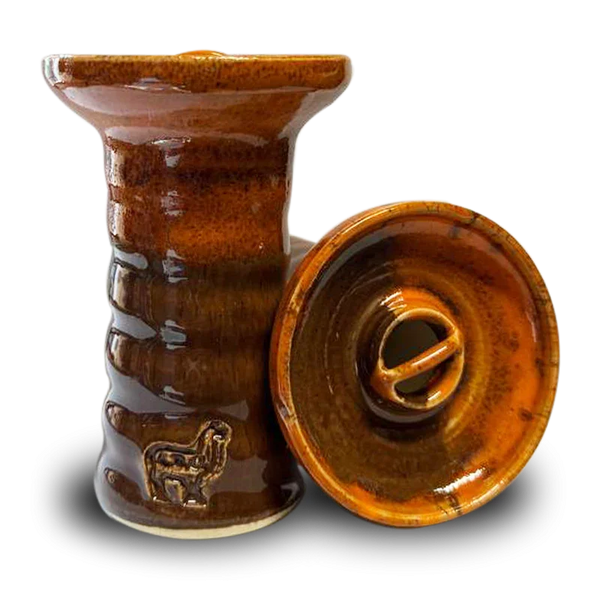 Glazed brown ceramic hookah bowl with embossed animal detail, displayed upright and sideways