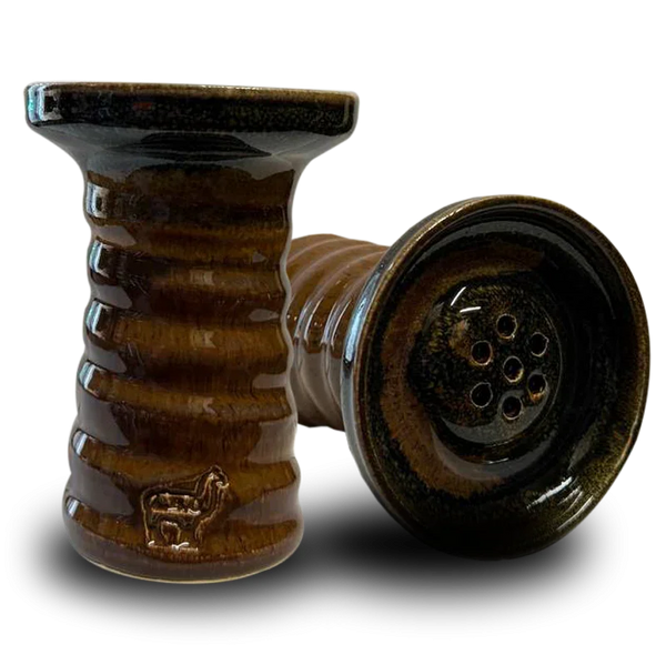 Glossy brown ceramic hookah bowls with ribbed design and multiple holes