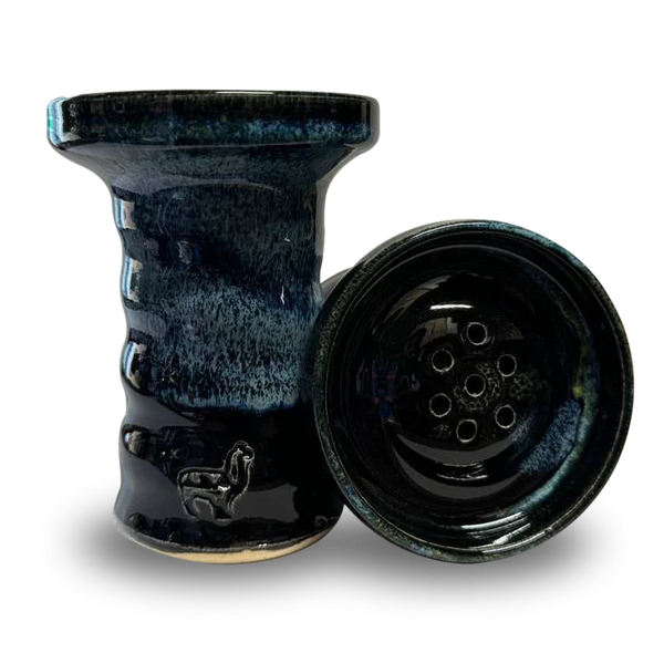 Ceramic hookah bowl in glossy blue-black finish with carved camel detail, shown upright and sideways.