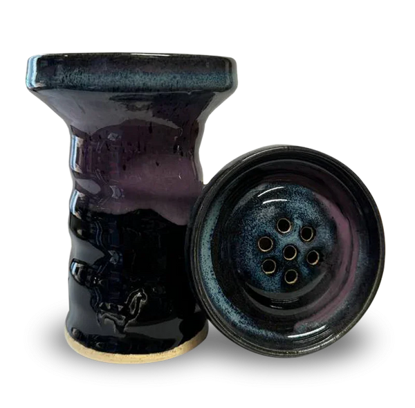 Ceramic hookah bowl with glossy black and blue-purple glaze, seven holes visible.