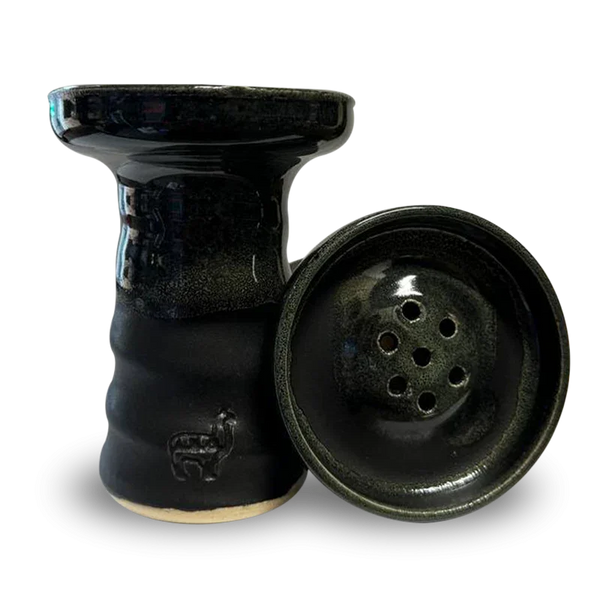 Black ceramic hookah bowl with multiple holes, glossy finish, standing and side view