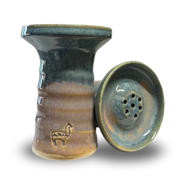 Handcrafted ceramic hookah bowl with blue and brown gradient glaze and engraved llama design