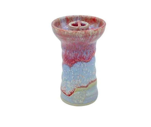 Ceramic shisha bowl with red and blue glaze on a white background