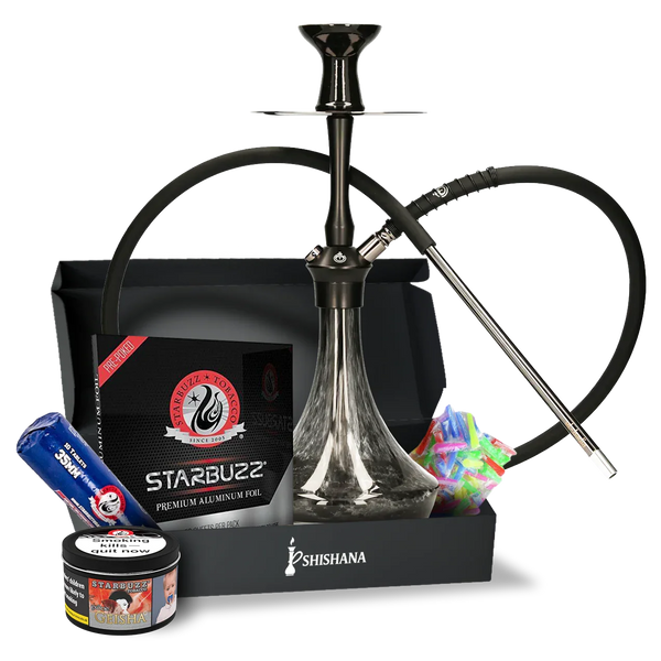Black shisha set bundle with glass hookah, foil, tobacco, hose, and colourful mouth tips.