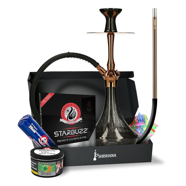 Deluxe shisha bundle with hookah, flavored tobacco, foil, charcoal, and accessories.