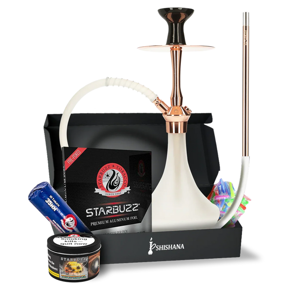 Rose gold shisha bundle with hookah, tobacco, foil, coals, and accessories in box