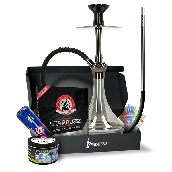 Modern shiny carbon shisha bundle with hookah, hose, charcoal, foil, and tobacco accessories.