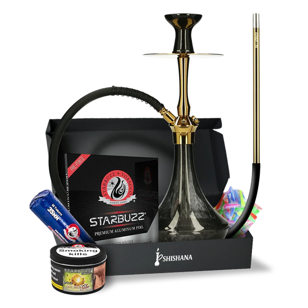 Shisha set with gold and black hookah, hose, Starbuzz tobacco, foil, and accessories bundle.