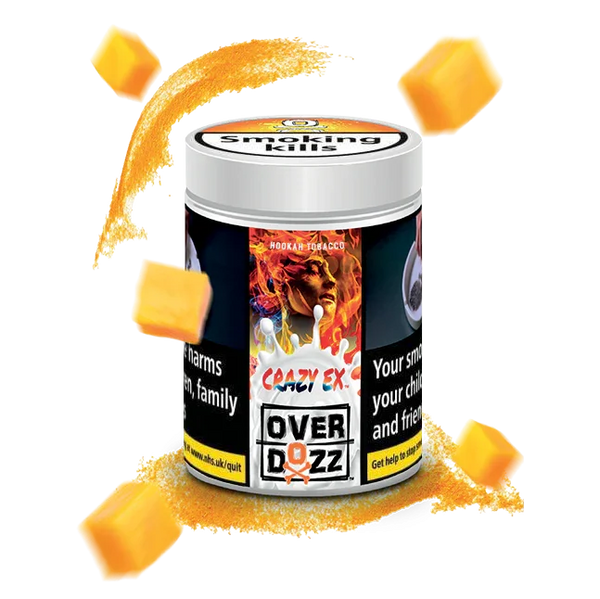 Overdozz Crazy Ex hookah tobacco jar with mango cubes and yellow powder splash