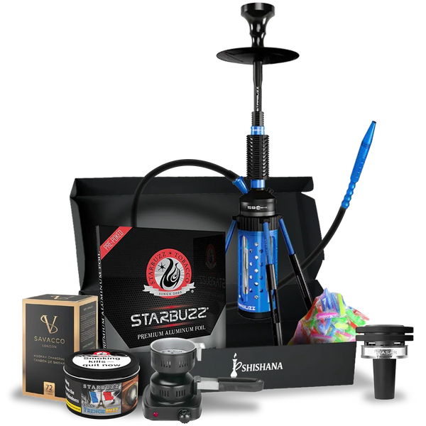 Blue and black hookah shisha starter kit with tobacco, charcoal, foil, and accessories