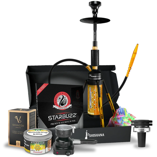 Gold and black shisha set with hookah pipe, hose, tobacco, accessories, and foil bundle
