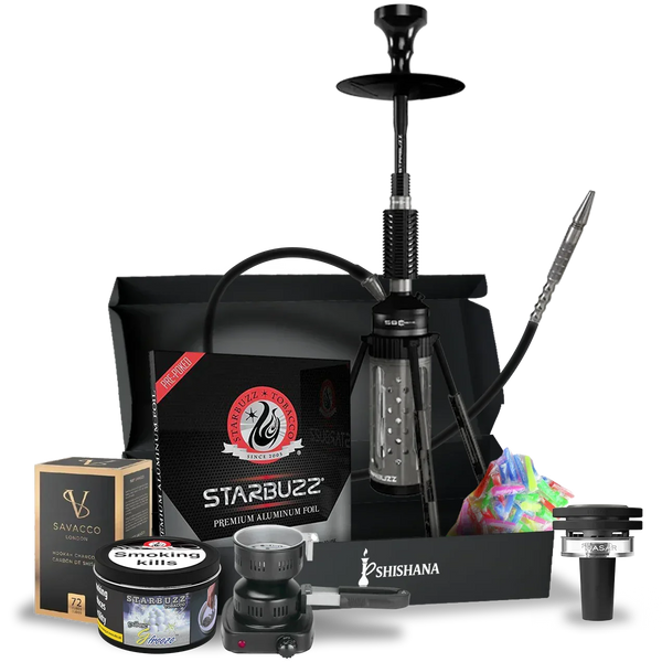 Complete shisha set in gunmetal color with hookah, hose, foil, charcoal, bowl, and accessories.
