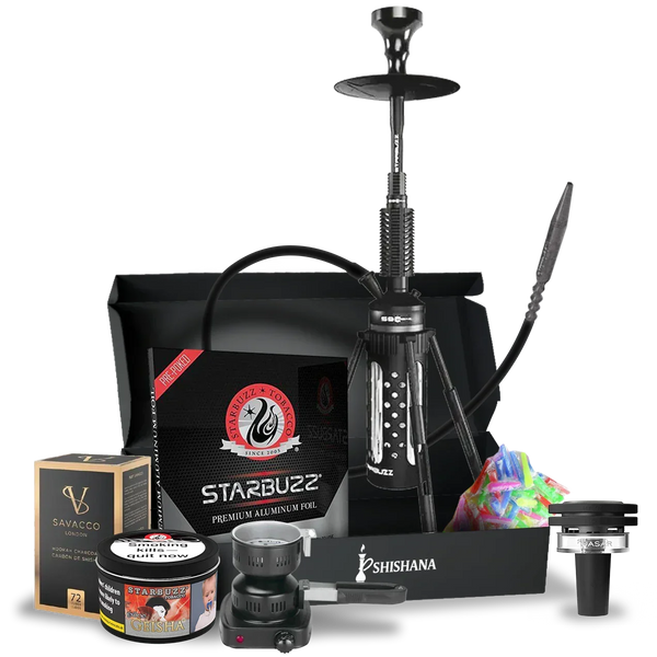 Modern black hookah set with accessories, tobacco, charcoal, and flavored mouth tips