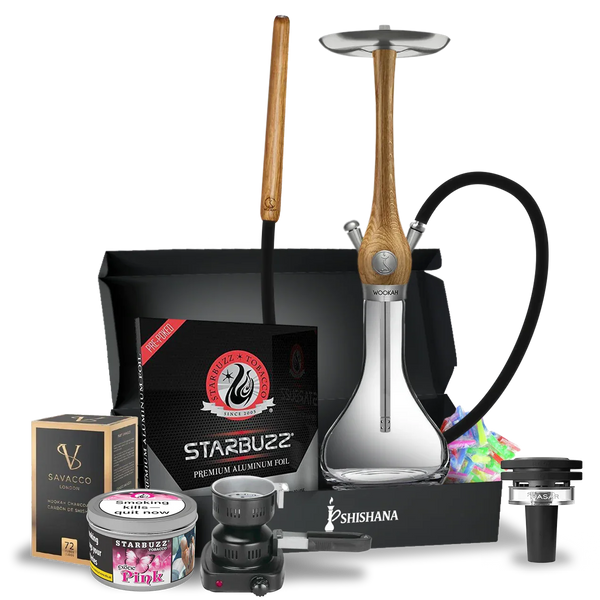 Modern hookah set with wooden stem, glass base, accessories and shisha flavours