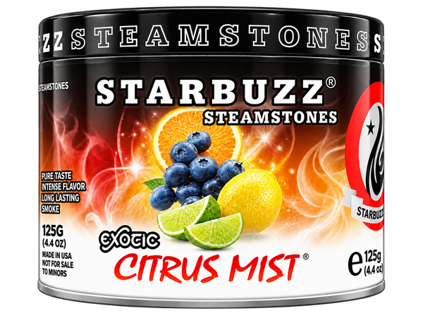 A 125g canister of Starbuzz Steamstones Exotic Citrus Mist steam stones, featuring a black and red label with illustrations of blueberries, a lemon, and lime slices.