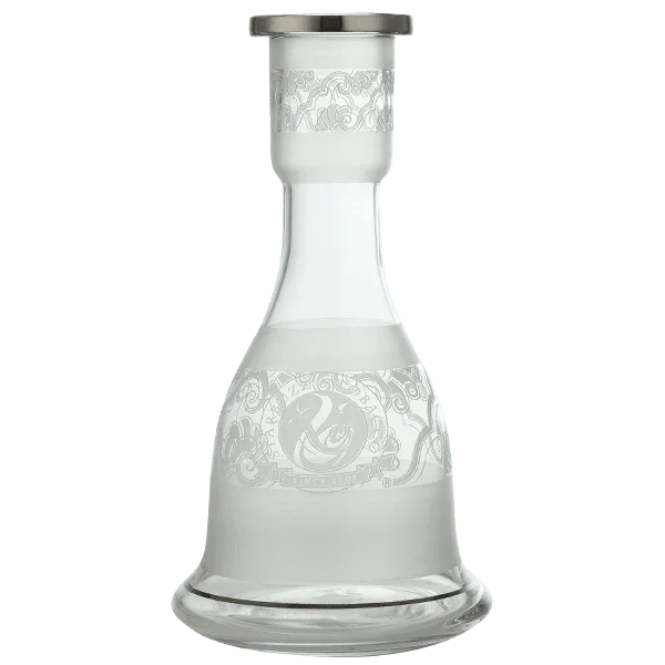 Clear glass hookah base with silver decorative patterns and wide neck design