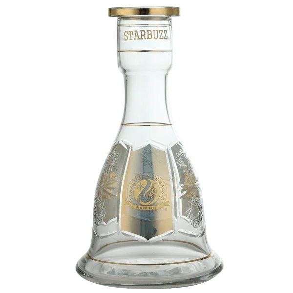 Clear glass hookah base with gold accents and Starbuzz logo, shisha accessory