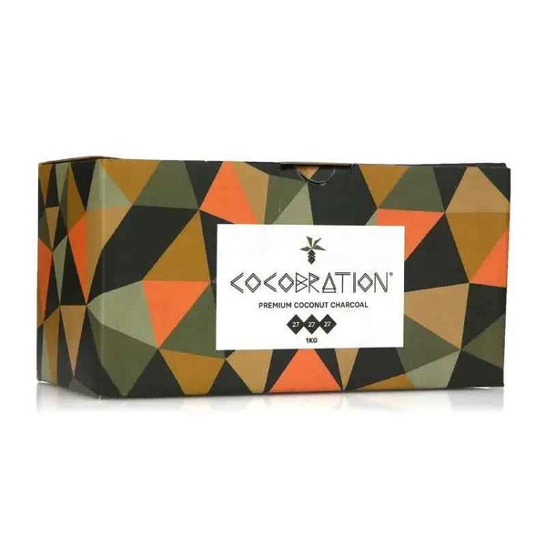 Box of Cocobration 1kg premium coconut charcoal for shisha with geometric design