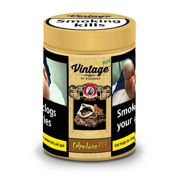 Starbuzz Vintage Plus Colombian Kick shisha tobacco 50g jar with health warnings and coffee imagery