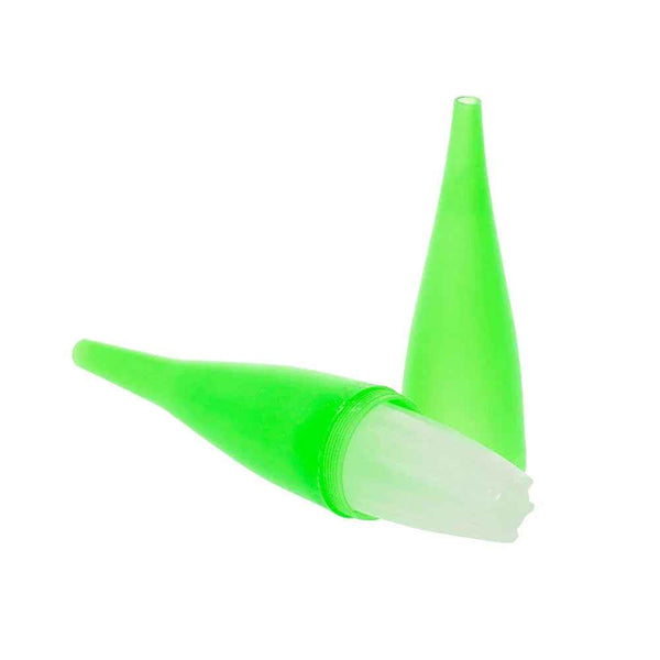 Green hose cooler tip for hookah, shown with clear insert on white background