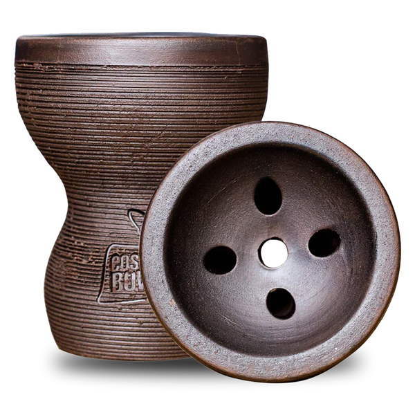 Brown Turkish-style ceramic hookah bowl with textured finish and five holes.