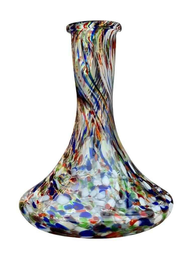 Colorful glass hookah vase base with blue, red, white, and green swirl patterns