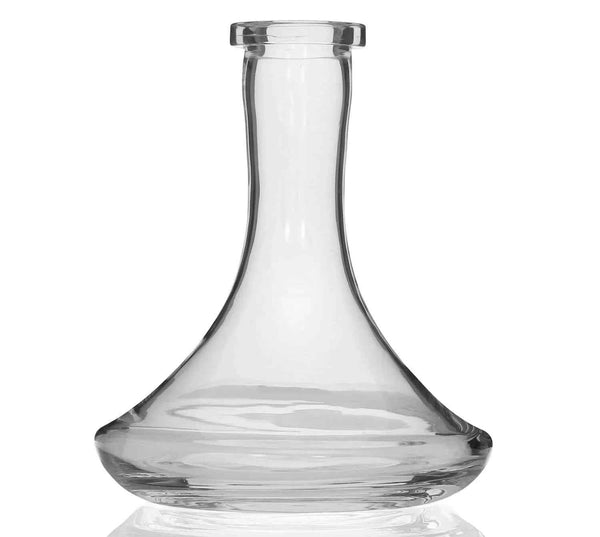 Clear glass shisha base with wide bottom and narrow neck on white background