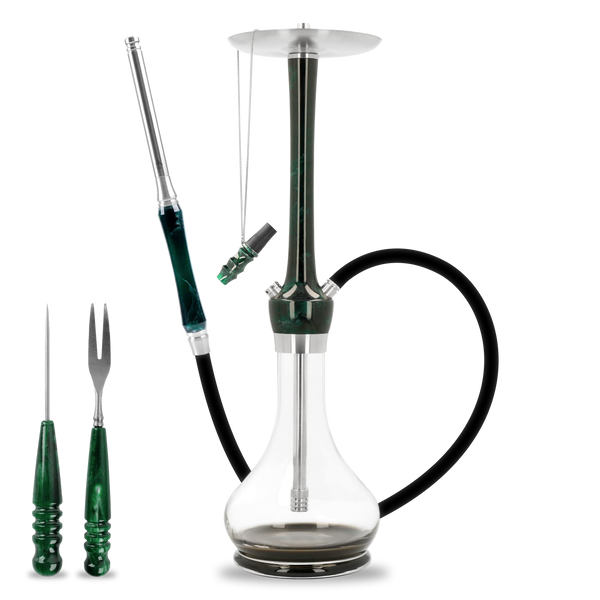 Dark emerald hookah with glass base, hose, mouthpiece, fork and poker set