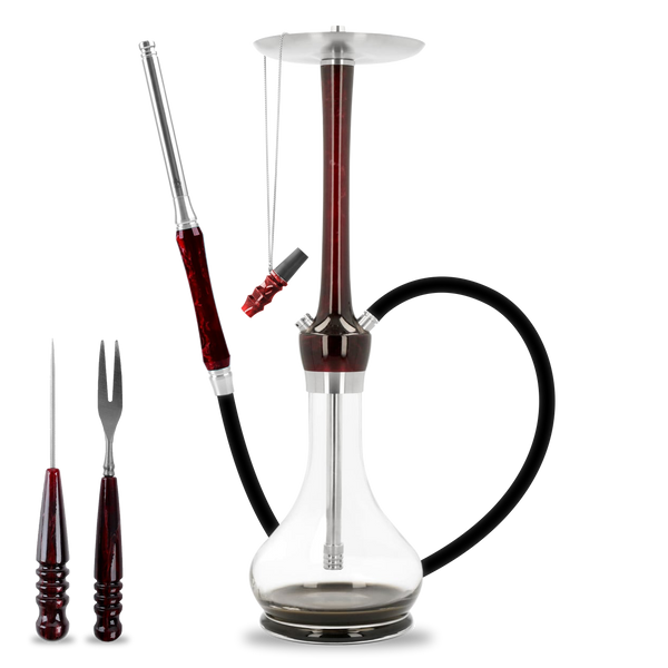Modern glass hookah with dark red stem, black hose, mouthpiece, fork and poker set
