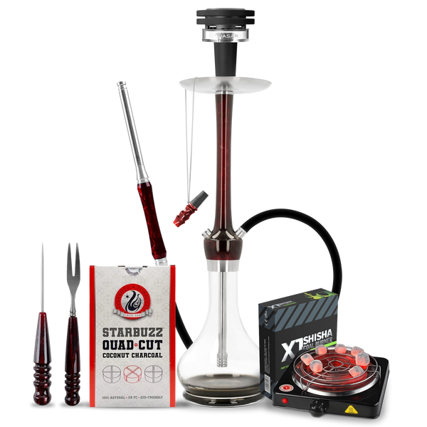 Complete shisha set with dark ruby hookah, charcoal, burner, fork, tongs, and mouthpiece.