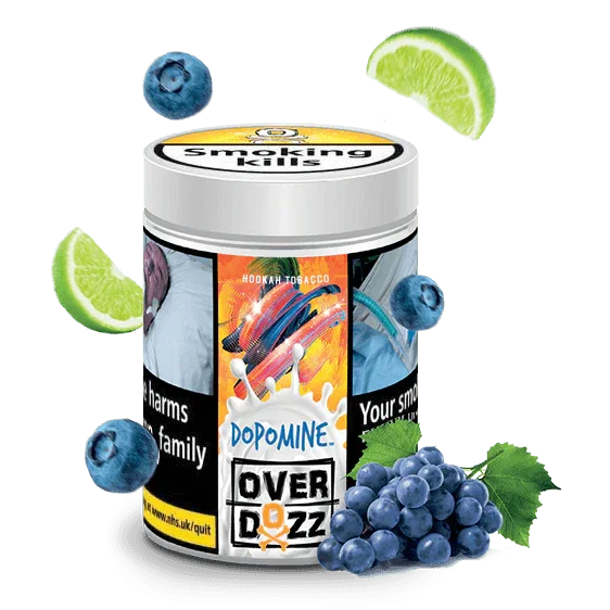 Dopomine Over Dozz hookah tobacco jar with blueberries, grapes, and lime slices