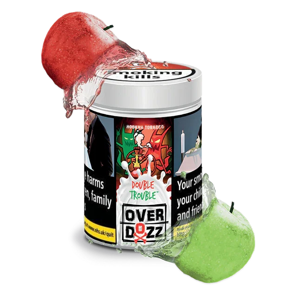 Overdozz Double Trouble hookah tobacco with splashing red and green apple flavor elements.