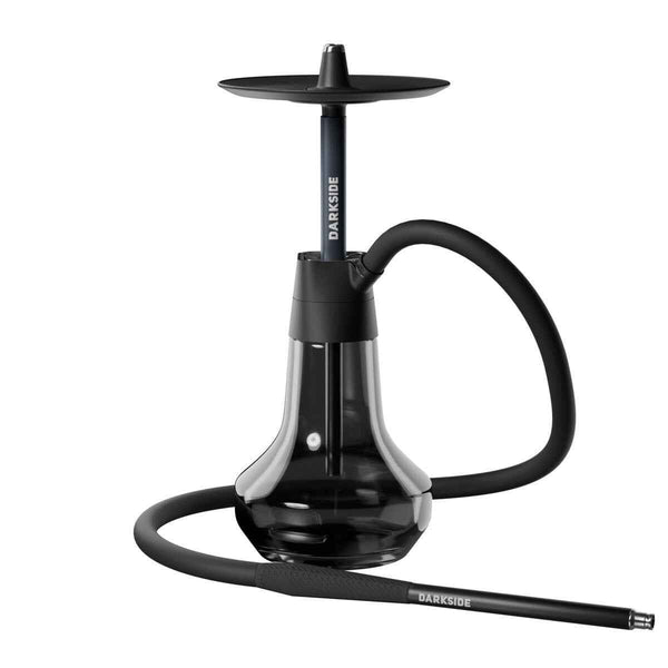 Modern black glass hookah with hose and 'Darkside' branding, isolated on white background.