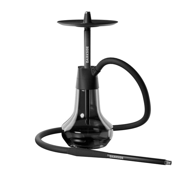 Modern black shisha pipe with glass base and silicone hose on white background