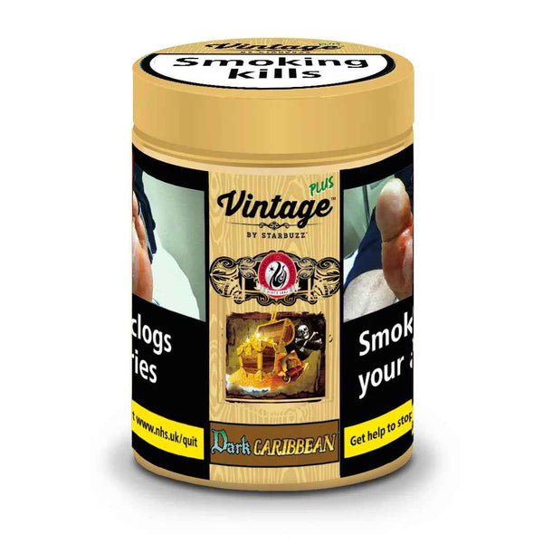 Starbuzz Vintage Plus Dark Caribbean tobacco 50g jar with health warning labels and pirate treasure design.