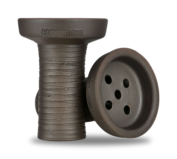 Brown ceramic hookah bowl with engraved grooves and multiple holes for shisha