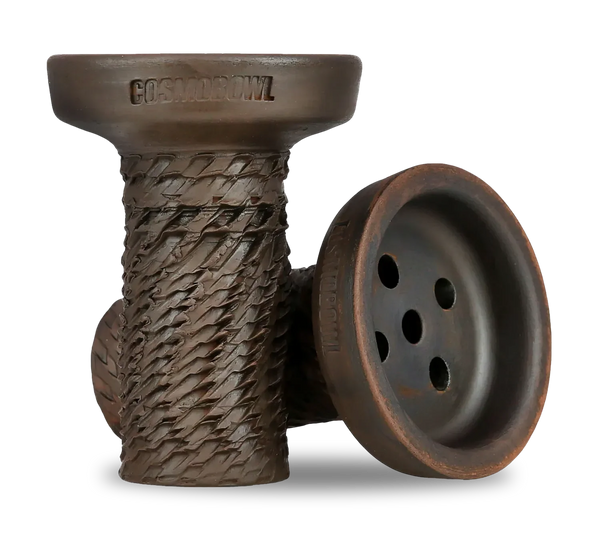 Textured brown ceramic hookah bowl with wide rim and multiple holes for shisha.