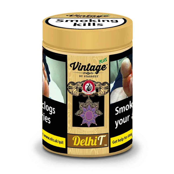 Starbuzz Vintage Plus Delhi T tobacco 50g jar with health warning labels and floral design.