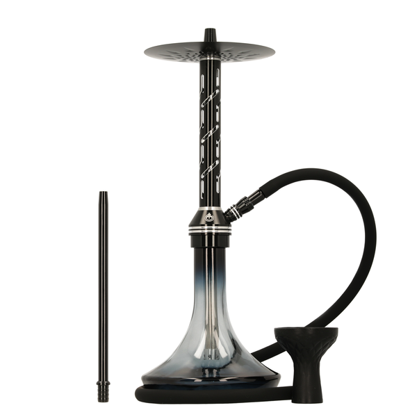 Modern black and silver hookah with glass base, hose, bowl, and mouthpiece on white background