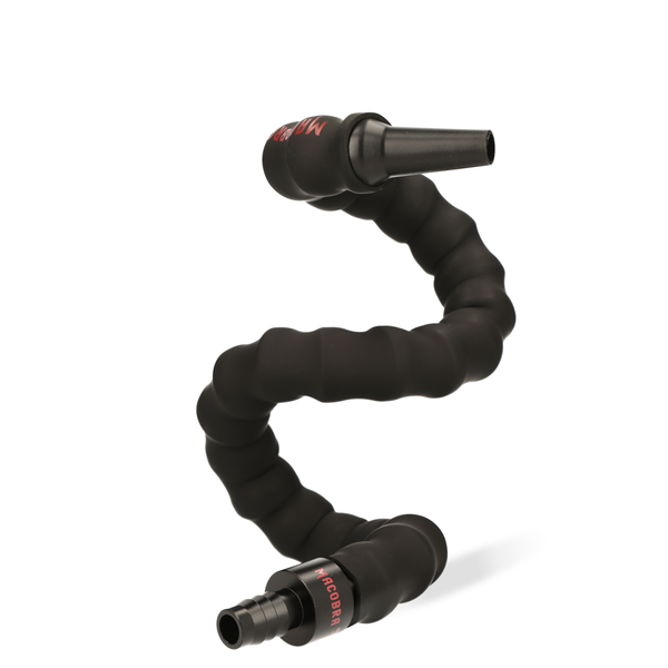 Flexible black shisha hose mouthpiece with ergonomic design on white background